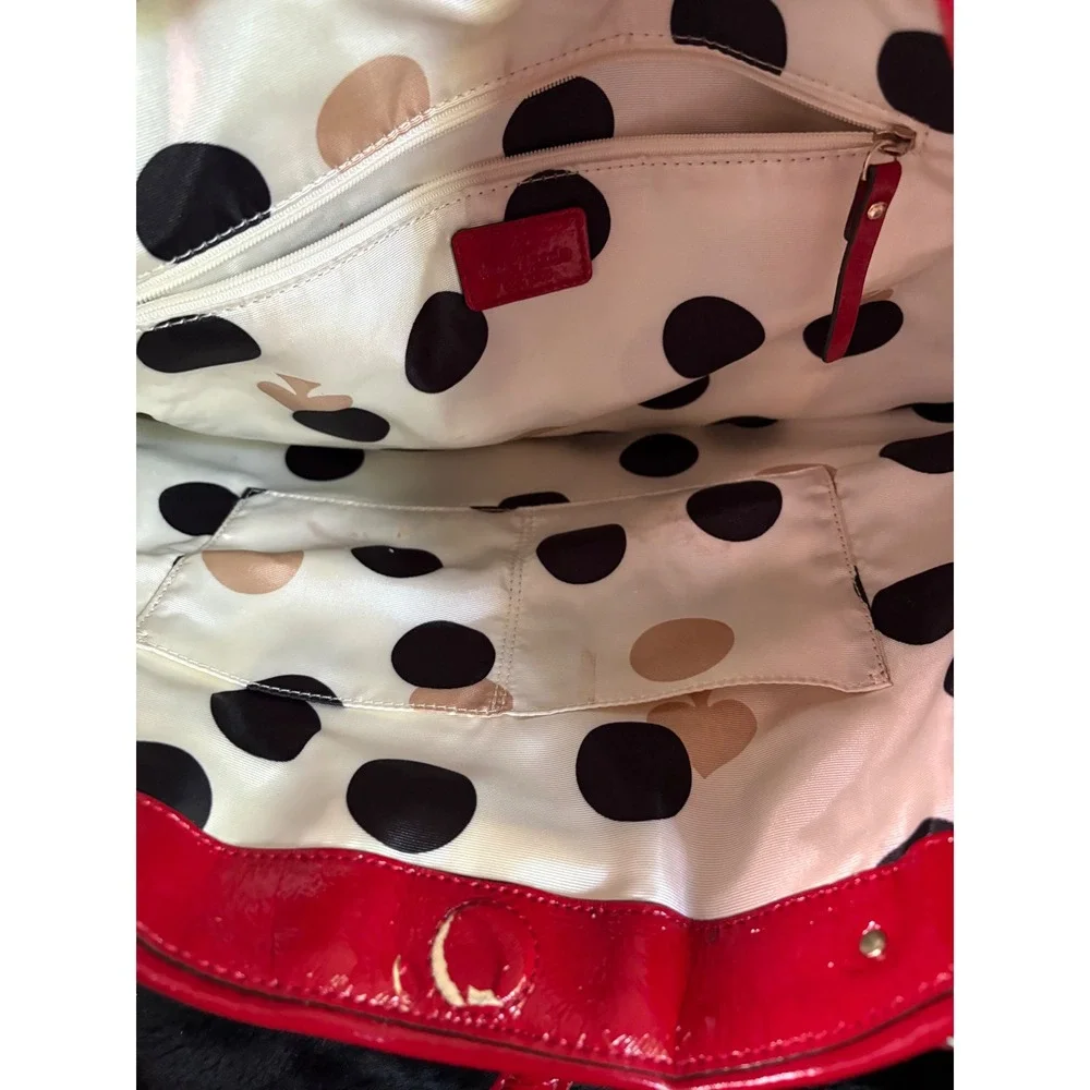 Kate Spade New York Red Patent Leather Tote Bag Polka Dot Lining Shoulder Bag